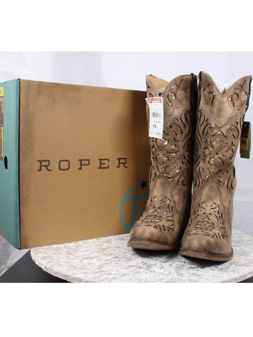 Roper Women's 7B Taupe Glitter Laser Cut Western Cowboy Boots NWT